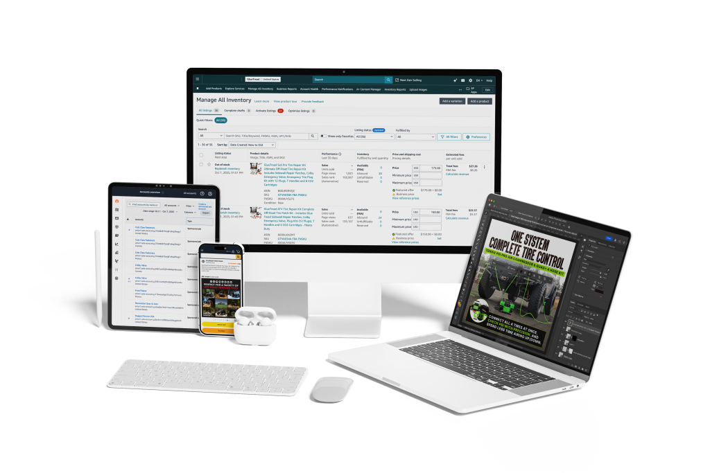 Amazon Seller Central, ads and listing design on desktop, tablet and phone